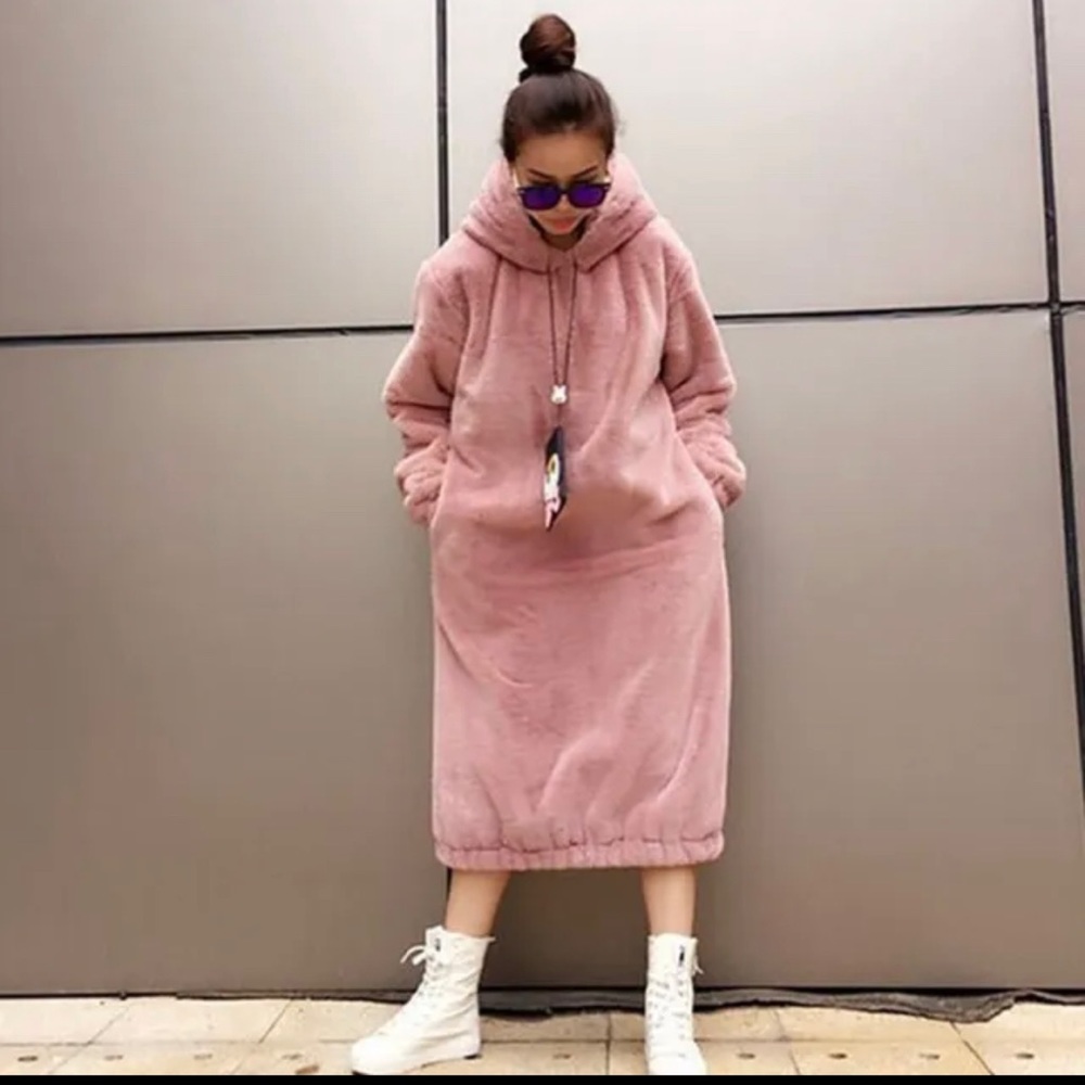 Pink fur hoodie dress